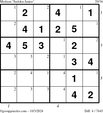 The grouppuzzles.com Medium Sudoku-Junior puzzle for Thursday October 3, 2024, suitable for printing, with all 4 steps marked