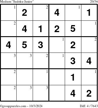 The grouppuzzles.com Medium Sudoku-Junior puzzle for Thursday October 3, 2024 with the first 3 steps marked