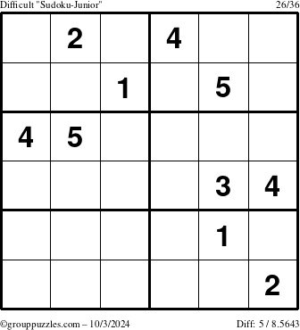 The grouppuzzles.com Difficult Sudoku-Junior puzzle for Thursday October 3, 2024