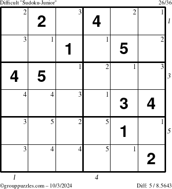 The grouppuzzles.com Difficult Sudoku-Junior puzzle for Thursday October 3, 2024 with all 5 steps marked