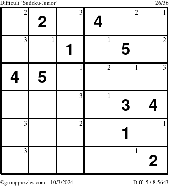 The grouppuzzles.com Difficult Sudoku-Junior puzzle for Thursday October 3, 2024 with the first 3 steps marked