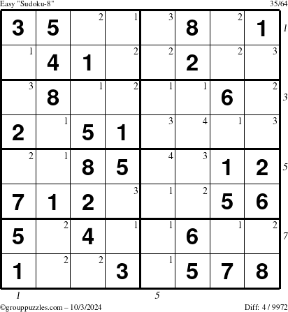 The grouppuzzles.com Easy Sudoku-8 puzzle for Thursday October 3, 2024 with all 4 steps marked