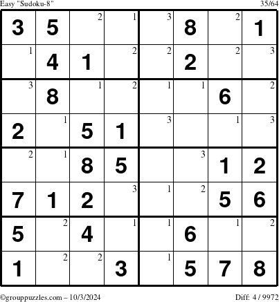 The grouppuzzles.com Easy Sudoku-8 puzzle for Thursday October 3, 2024 with the first 3 steps marked