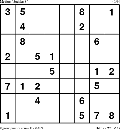 The grouppuzzles.com Medium Sudoku-8 puzzle for Thursday October 3, 2024