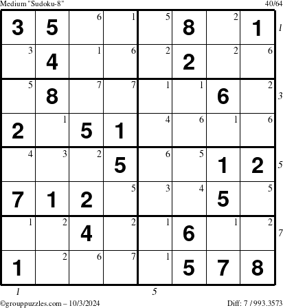 The grouppuzzles.com Medium Sudoku-8 puzzle for Thursday October 3, 2024 with all 7 steps marked