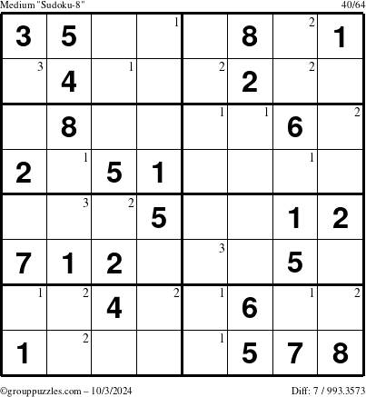 The grouppuzzles.com Medium Sudoku-8 puzzle for Thursday October 3, 2024 with the first 3 steps marked