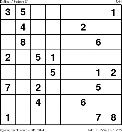 The grouppuzzles.com Difficult Sudoku-8 puzzle for Thursday October 3, 2024