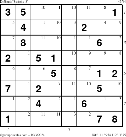 The grouppuzzles.com Difficult Sudoku-8 puzzle for Thursday October 3, 2024 with all 11 steps marked