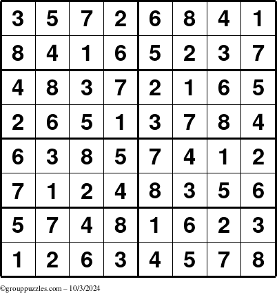 The grouppuzzles.com Answer grid for the Sudoku-8 puzzle for Thursday October 3, 2024