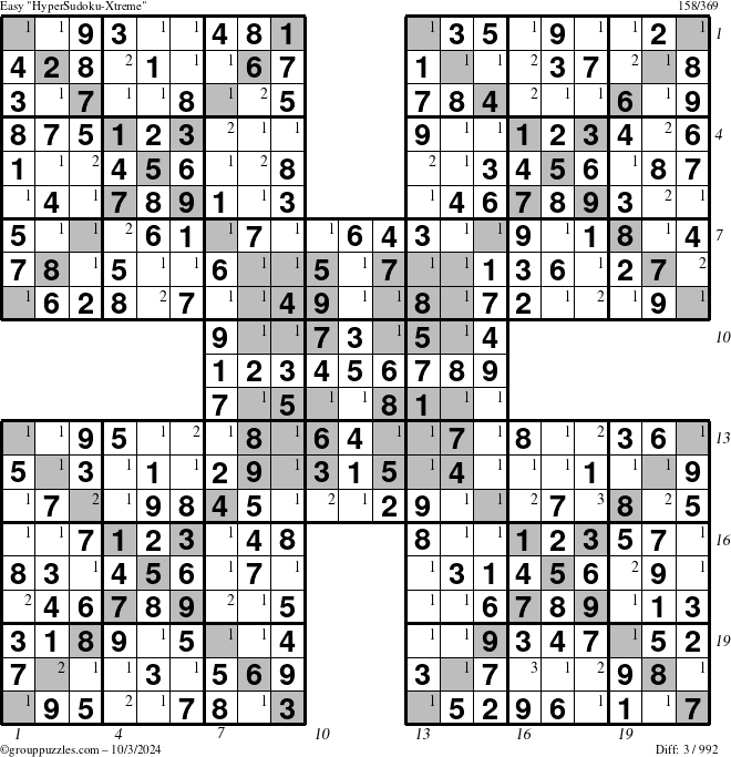 The grouppuzzles.com Easy cover-HyperXtreme puzzle for Thursday October 3, 2024, suitable for printing, with all 3 steps marked