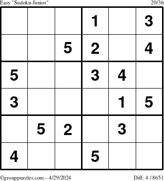 The grouppuzzles.com Easy Sudoku-Junior puzzle for Monday April 29, 2024
