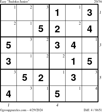 The grouppuzzles.com Easy Sudoku-Junior puzzle for Monday April 29, 2024 with all 4 steps marked