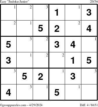 The grouppuzzles.com Easy Sudoku-Junior puzzle for Monday April 29, 2024 with the first 3 steps marked