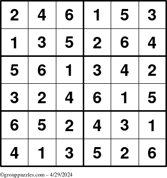 The grouppuzzles.com Answer grid for the Sudoku-Junior puzzle for Monday April 29, 2024