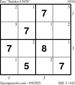 The grouppuzzles.com Easy Sudoku-4-5678 puzzle for Monday September 8, 2025, suitable for printing, with all 3 steps marked