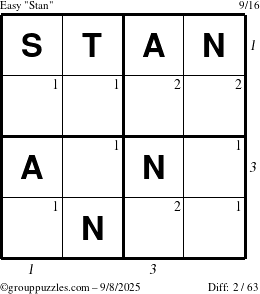 The grouppuzzles.com Easy Stan puzzle for Monday September 8, 2025 with all 2 steps marked
