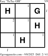 The grouppuzzles.com Easy TicTac-GHI puzzle for Monday September 8, 2025 with all 2 steps marked