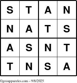 The grouppuzzles.com Answer grid for the Stan puzzle for Monday September 8, 2025