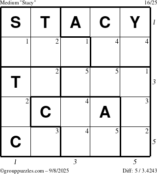 The grouppuzzles.com Medium Stacy puzzle for Monday September 8, 2025 with all 5 steps marked