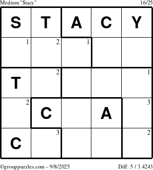 The grouppuzzles.com Medium Stacy puzzle for Monday September 8, 2025 with the first 3 steps marked