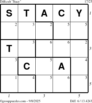 The grouppuzzles.com Difficult Stacy puzzle for Monday September 8, 2025 with all 6 steps marked