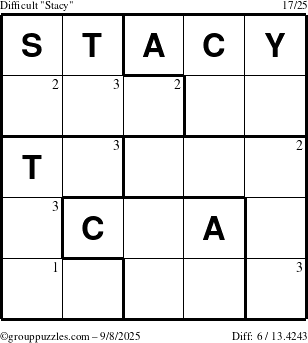 The grouppuzzles.com Difficult Stacy puzzle for Monday September 8, 2025 with the first 3 steps marked
