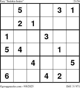 The grouppuzzles.com Easy Sudoku-Junior puzzle for Monday September 8, 2025