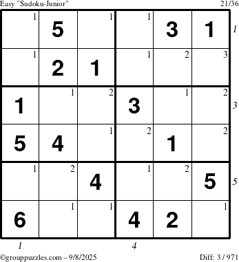 The grouppuzzles.com Easy Sudoku-Junior puzzle for Monday September 8, 2025 with all 3 steps marked