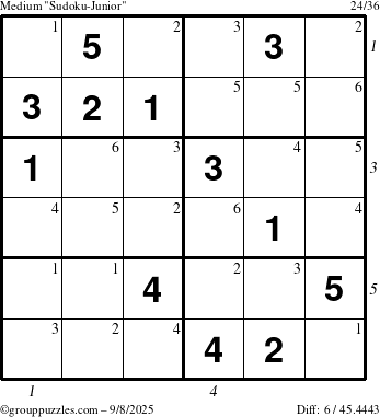 The grouppuzzles.com Medium Sudoku-Junior puzzle for Monday September 8, 2025 with all 6 steps marked