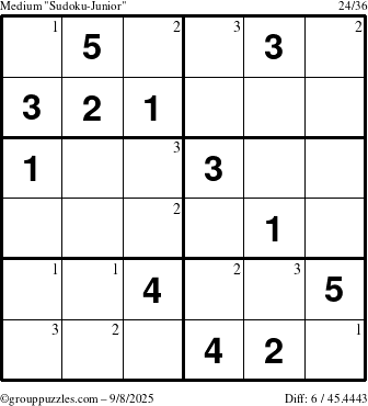 The grouppuzzles.com Medium Sudoku-Junior puzzle for Monday September 8, 2025 with the first 3 steps marked