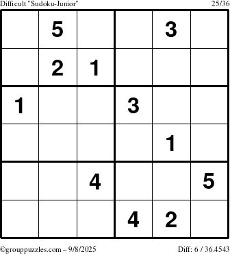 The grouppuzzles.com Difficult Sudoku-Junior puzzle for Monday September 8, 2025