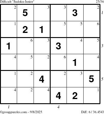 The grouppuzzles.com Difficult Sudoku-Junior puzzle for Monday September 8, 2025 with all 6 steps marked