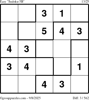 The grouppuzzles.com Easy Sudoku-5B puzzle for Monday September 8, 2025