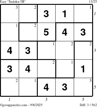 The grouppuzzles.com Easy Sudoku-5B puzzle for Monday September 8, 2025 with all 3 steps marked