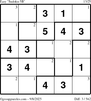 The grouppuzzles.com Easy Sudoku-5B puzzle for Monday September 8, 2025 with the first 3 steps marked