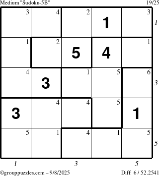 The grouppuzzles.com Medium Sudoku-5B puzzle for Monday September 8, 2025 with all 6 steps marked