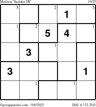 The grouppuzzles.com Medium Sudoku-5B puzzle for Monday September 8, 2025 with the first 3 steps marked