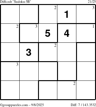 The grouppuzzles.com Difficult Sudoku-5B puzzle for Monday September 8, 2025 with the first 3 steps marked