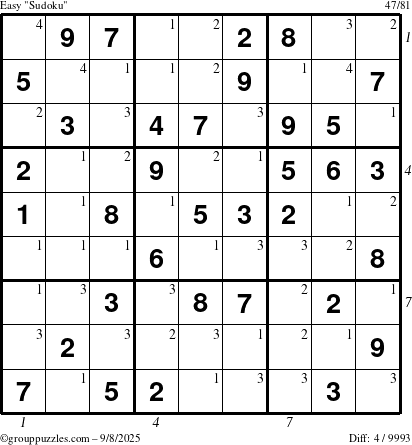 The grouppuzzles.com Easy Sudoku puzzle for Monday September 8, 2025 with all 4 steps marked