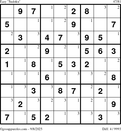 The grouppuzzles.com Easy Sudoku puzzle for Monday September 8, 2025 with the first 3 steps marked