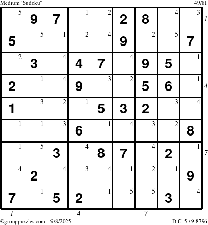 The grouppuzzles.com Medium Sudoku puzzle for Monday September 8, 2025 with all 5 steps marked