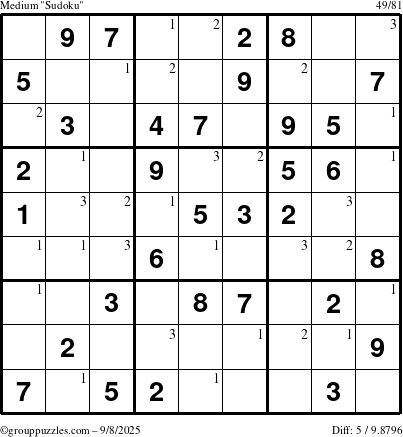 The grouppuzzles.com Medium Sudoku puzzle for Monday September 8, 2025 with the first 3 steps marked