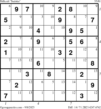 The grouppuzzles.com Difficult Sudoku puzzle for Monday September 8, 2025 with all 14 steps marked
