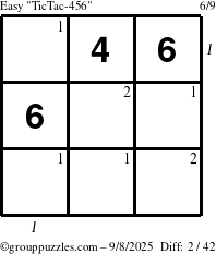 The grouppuzzles.com Easy TicTac-456 puzzle for Monday September 8, 2025 with all 2 steps marked