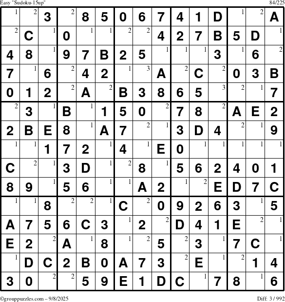 The grouppuzzles.com Easy Sudoku-15up puzzle for Monday September 8, 2025 with the first 3 steps marked
