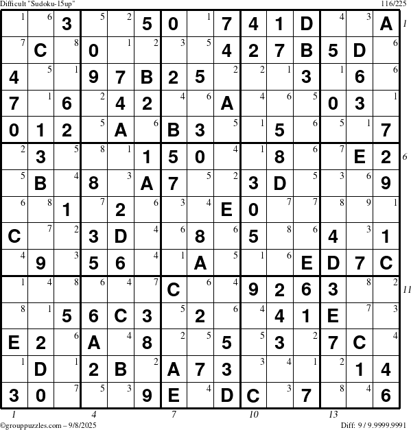 The grouppuzzles.com Difficult Sudoku-15up puzzle for Monday September 8, 2025 with all 9 steps marked