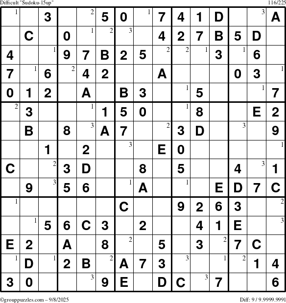 The grouppuzzles.com Difficult Sudoku-15up puzzle for Monday September 8, 2025 with the first 3 steps marked