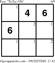 The grouppuzzles.com Easy TicTac-456 puzzle for Monday September 8, 2025 with the first 2 steps marked