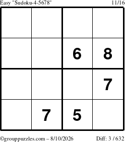 The grouppuzzles.com Easy Sudoku-4-5678 puzzle for Monday August 10, 2026
