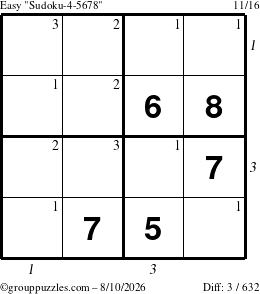 The grouppuzzles.com Easy Sudoku-4-5678 puzzle for Monday August 10, 2026 with all 3 steps marked